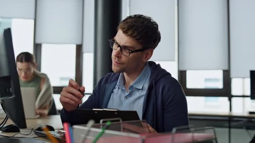 Pensive It Guy Solving Code Problem Startup Engineer Analyzing Software Code