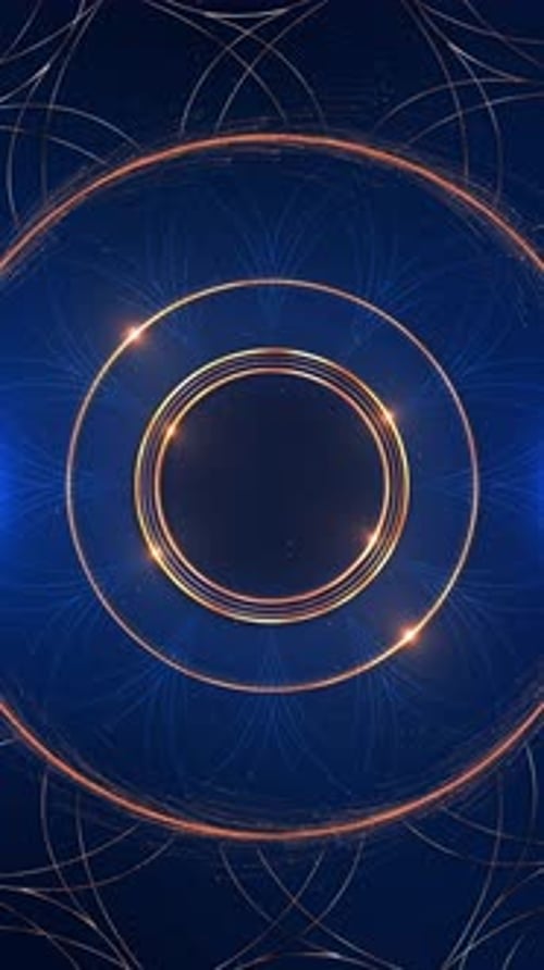 Elegant Rotating Golden Rings on Blue Geometric Background