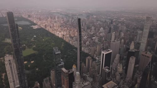 Aerial video of the skyscrapers in the city, Central Park in New York. USA