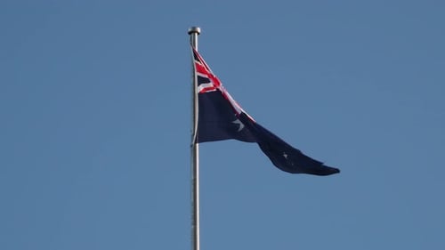 Australian Flag Waving Against a Clear Blue Sky