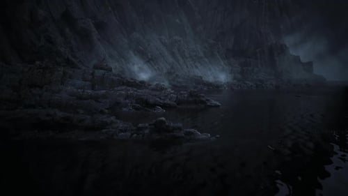 Mysterious Shoreline at Dusk with Rocky Landscape and Foggy Atmosphere