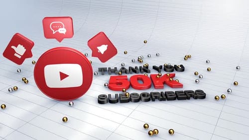 3D YouTube 50K Subscribers Thank You Animation with Social Icons