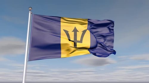 Waving Flag of Barbados Against a Clear Blue Sky