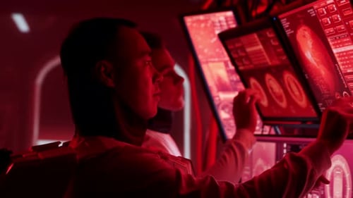 Team of Astronauts in a Space Suits Aboard the Mars Station A Crew of Cosmonauts Piloting the