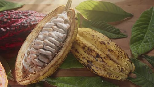 Fruta de cacau fresca com feijão e folhas de cacau em uma mesa de madeira à luz do sol.