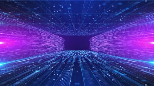 Futuristic Blue Purple Digital Data Stream Tunnel Background