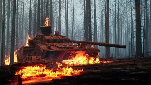 War Scene: Destroyed Tank Burning in a Desolate Forest