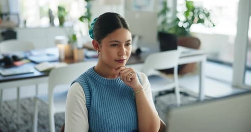 Computer, planning and businesswoman in office with ideas for creative project with publishing