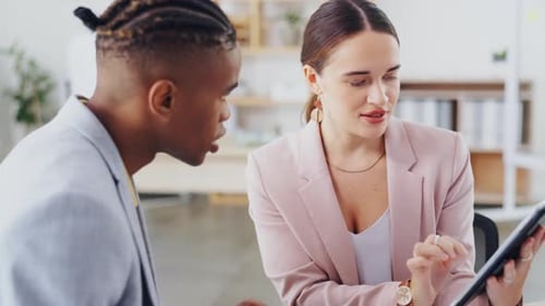 Tablet, teamwork or business people collaboration, professional discussion