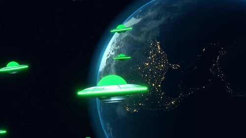 UFO Fleet Flying Around Earth in Space Animation