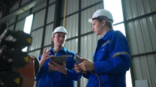 Engineer and technician working with robot arm in factory. Industry and engineering concept.
