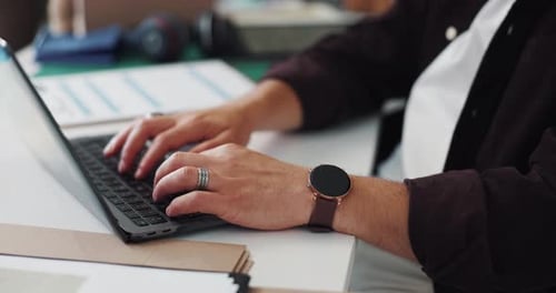 Hands, laptop and logistics with person in office for online order, shipping schedule