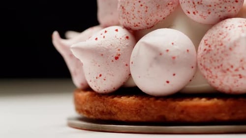 Modern Cake in Bakery for Food Delivery Service Woman Chef Confectioner Making Pink Cake Creamy