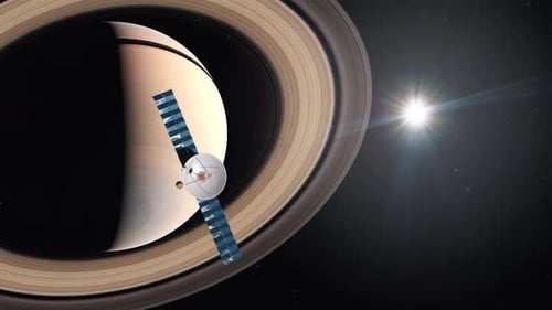 Animated Satellite Orbiting Saturn with Rings in Outer Space