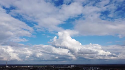 Landscape Blue Sky Big White Cumulus Clouds Land City Fields Rain on a Sunny Day