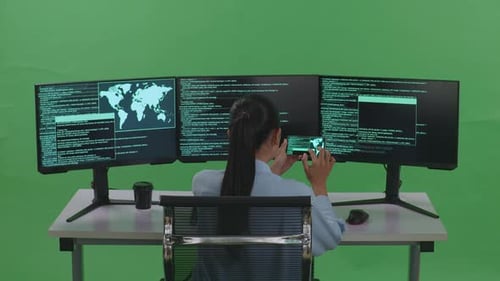 Vue arrière d'une femme travaillant avec un téléphone portable tout en écrivant du code avec plusieurs écrans en écran vert