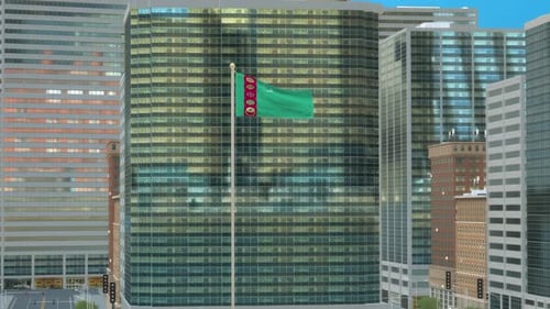 Turkmenistan Flag Waving in Cityscape
