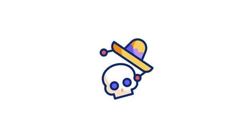 Animated Flat Design Skull with Sombrero Icon for Día de los Muertos