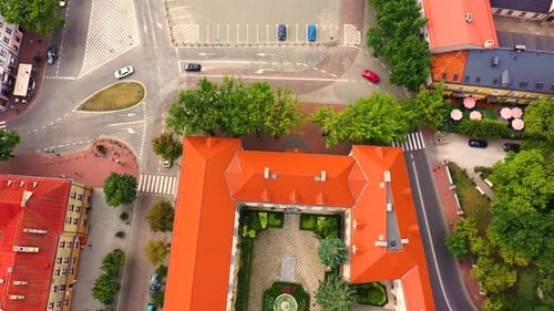 Top aerial panoramic view of Lowicz old town historical city centre with Rynek Market Square, Old To