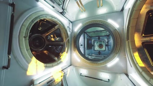 Module de station spatiale équipé d'un éclairage confortable et de couloirs communs