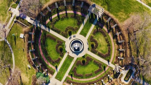 Symmetrical Aerial View of Garden Park Pathways with Plants and Benches