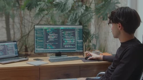 Computer Programmer Scrolling through Code on PC Screen