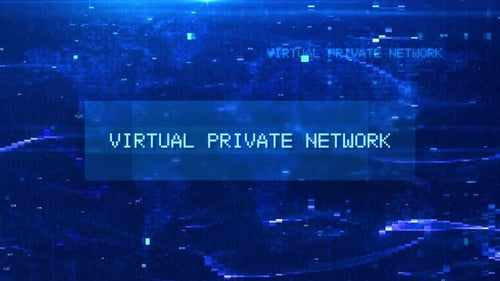 Virtuelle private Netzwerk-Digitaltextanimation über futuristischer Weltkarte und HUD-Effekten