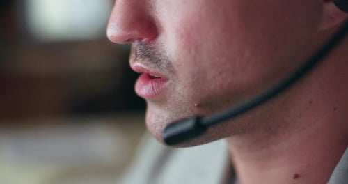Telemarketing, mouth and talking at call center with headset consultation