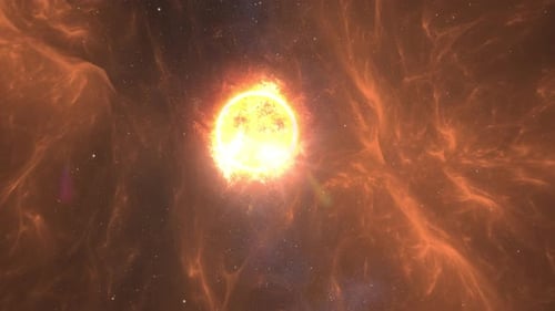 Sonne mit Sonneneruptionen im Weltraum, langsames Heranzoomen