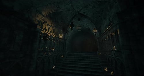 An Ancient Castle Features a Dark Staircase Leading Upward