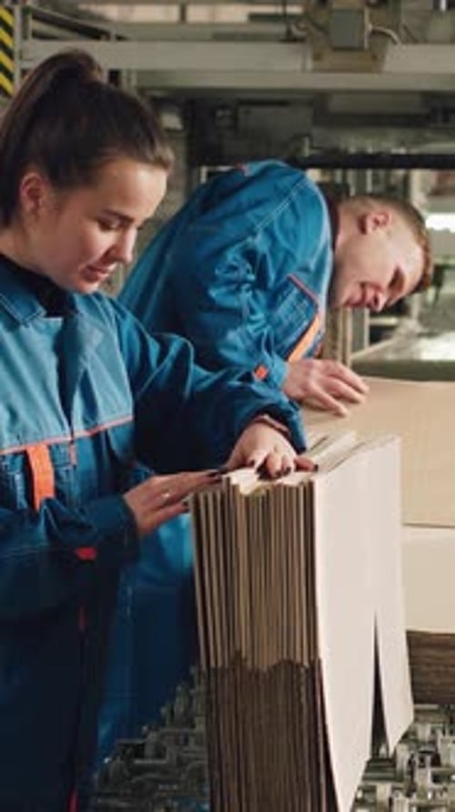 Two Workers Work on the Conveyor Line of a Cardboard Packaging Factory Factory Workers Check the
