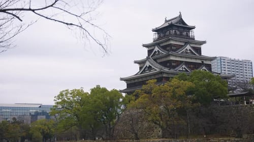 Hiroshima Castle on Moody Overcast Day, Pan Establishing Shot