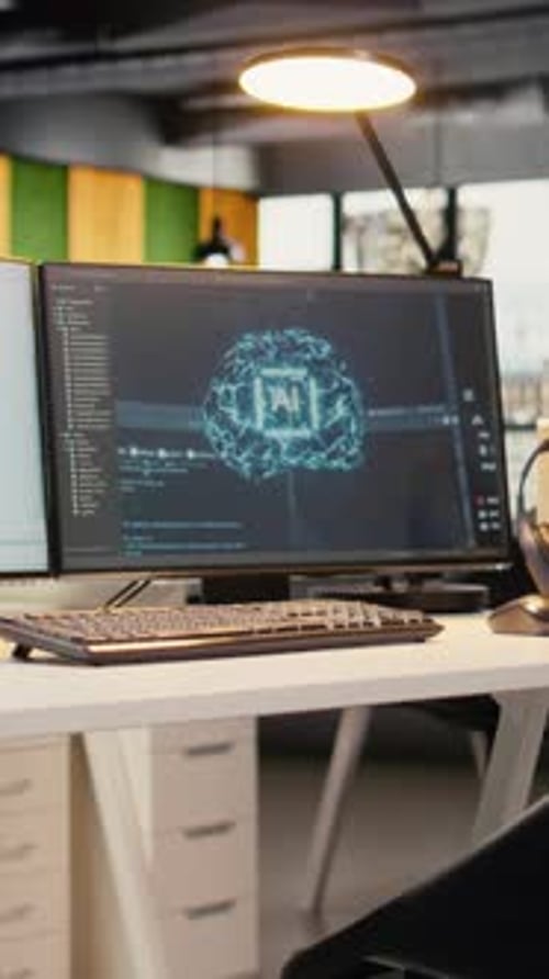 Vertical Video Computer Monitors in Empty Startup Workspace with Cloud Computing AI Resources