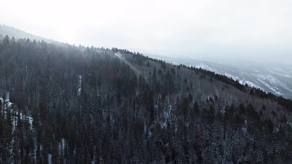 Snowy ridgeline fades into misty grey sky with backlit falling snow ...