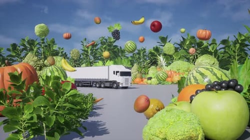 Truck Transporting Fresh Fruits and Vegetables in a Lush Farm Setting