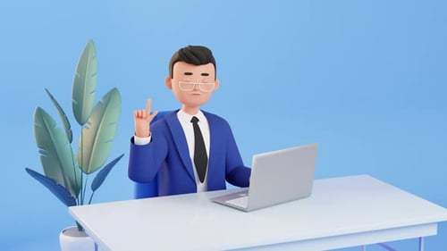 3D Animated Businessman Typing and Having an Idea at Desk