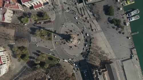 Birds Eye Shot of Large Multilane Roundabout Around Famous Landmark