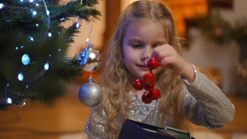 Child Holding Christmas Berries near Decorated Christmas Tree