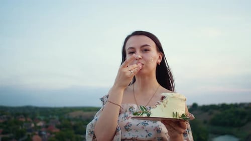 Happy Family with Baby Celebrate First Year Eat Cake in Field at Sunset Autumn and Lifestyle