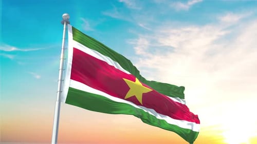 Suriname National Flag Waving Loop with Bright Sky Background