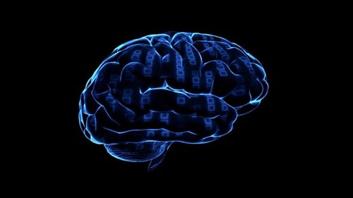 Glühendes blaues Gehirn mit digitalen Codeelementen auf schwarzem Hintergrund