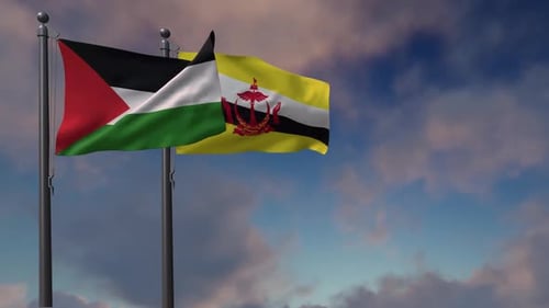 Palestine and Brunei Flags Waving in Cloudy Sky
