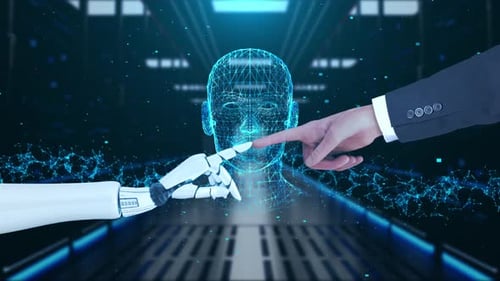 Concept of Artificial Intelligence Futuristic Technology Transformation Hand of Robot and Human