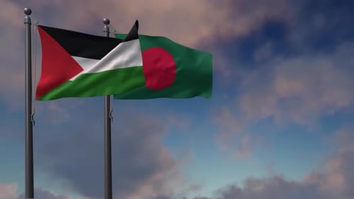 Palestine and Bangladesh National Flags Waving in Cloudy Sky