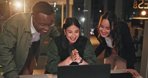 Business celebration, excited and people with laptop in office for winning competition