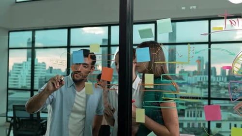 Office Team Collaboration on Glass Whiteboard in Office