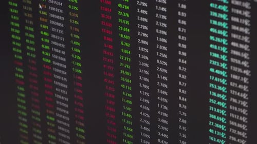 Traders monitor stock market data display board with high frequency trading price fluctuations
