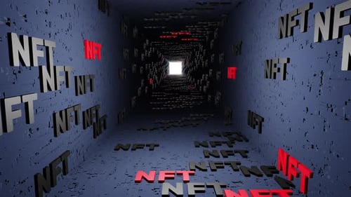3D NFT Text Traveling Through Digital Technology Tunnel