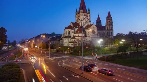 Vienna Evening Timelapse: City Traffic and Old Church