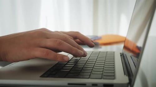 Close Up Young Businesswoman Typing on Laptop Keyboard Web Surfing Information Doing Marketing Data